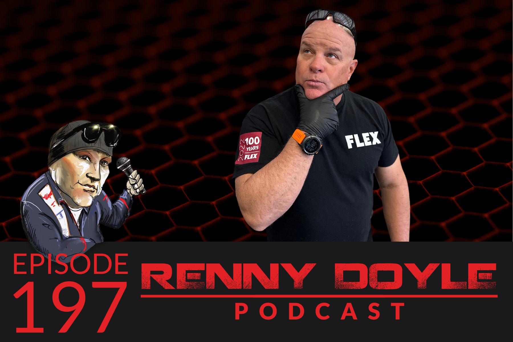Renny Doyle podcast episode 197: Man with chin on hand, thought bubble with cartoon of a person. Dark red background.