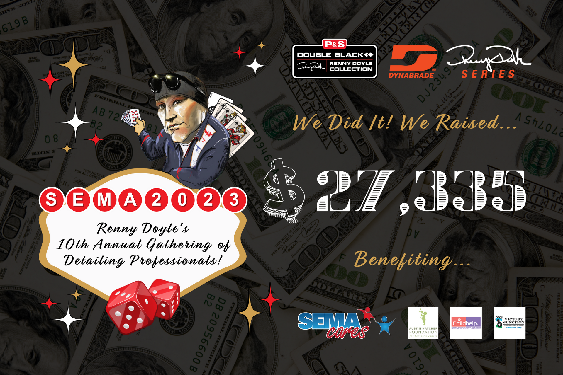Promotional graphic for SEMA 2023. A man with sunglasses and cards is superimposed on a cash background. Raised $27,335.