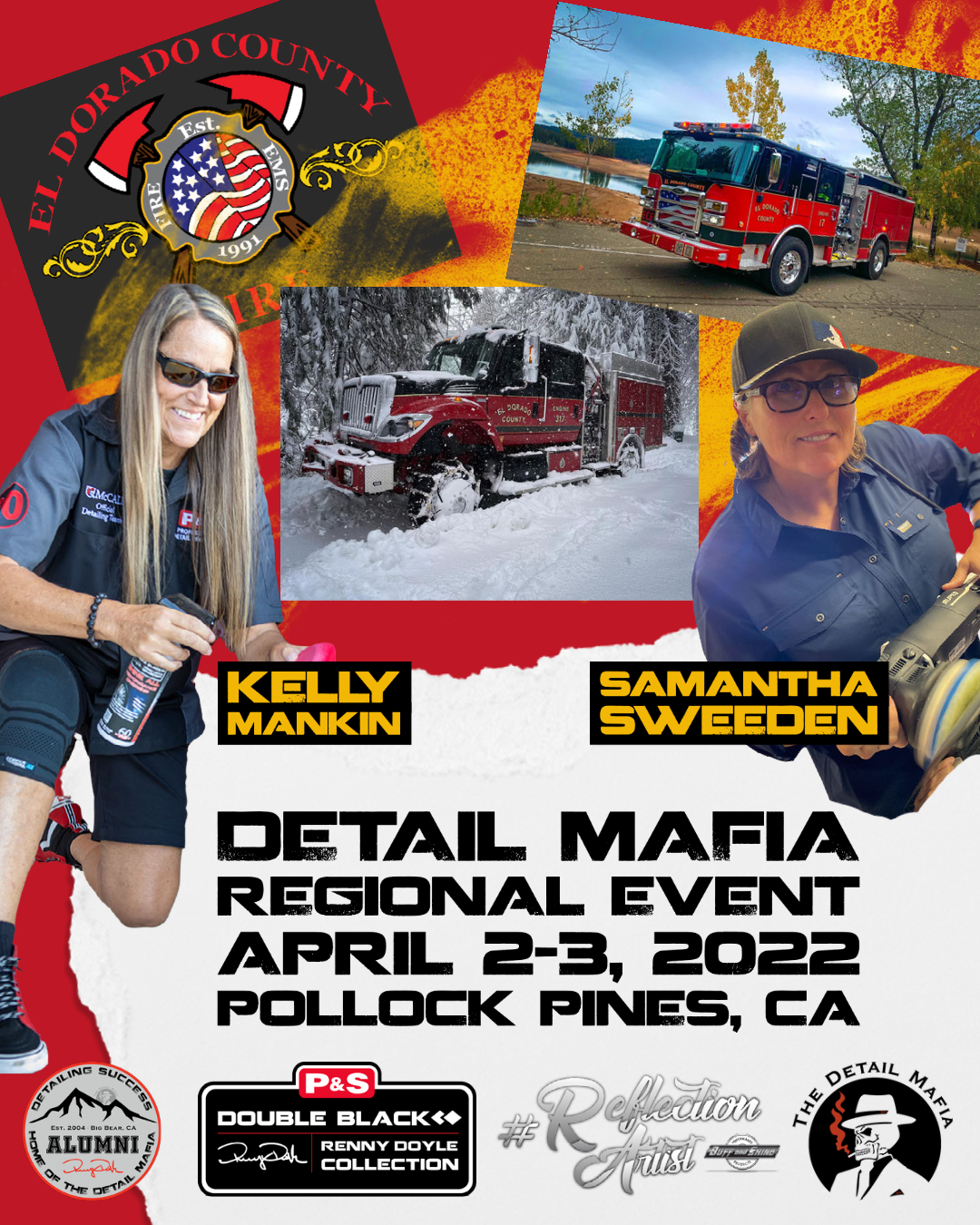 Poster for Detail Mafia event in Pollock Pines, CA. Features firefighters, fire trucks, and event details.