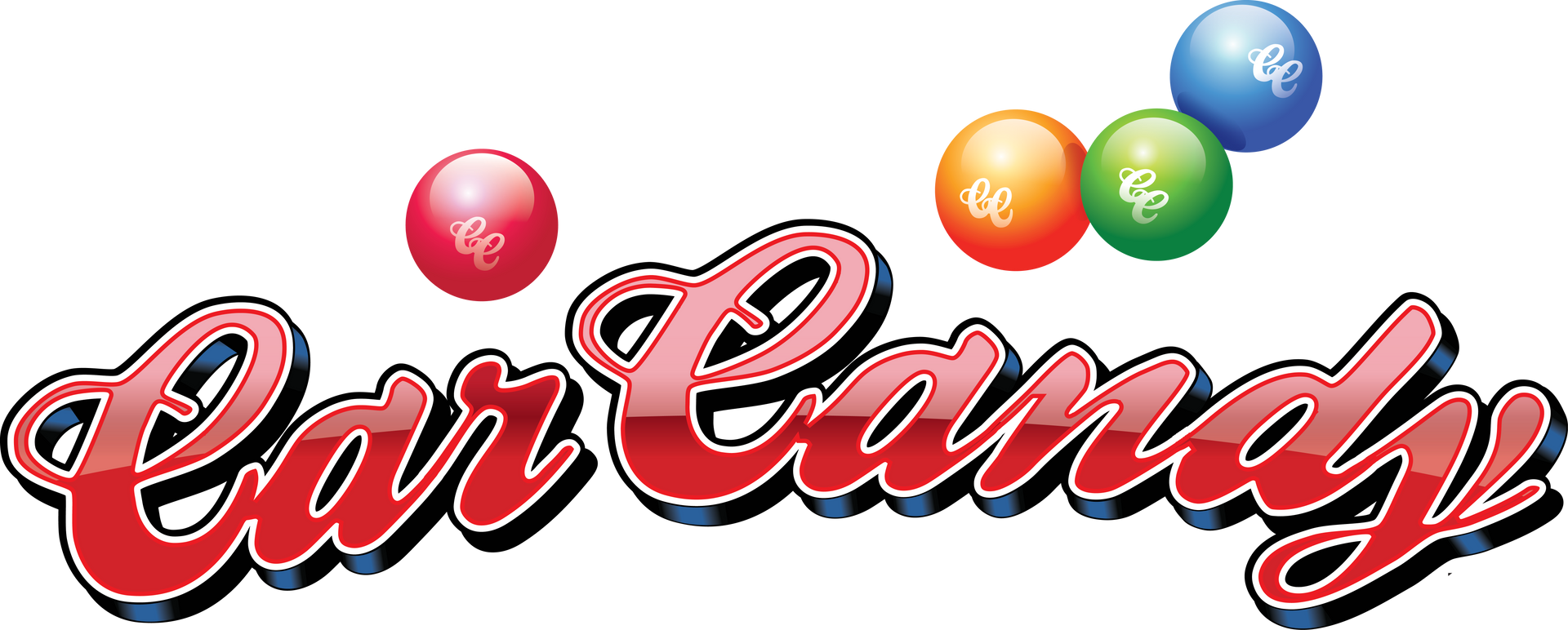 Car Candy logo: red script text with candy-coated spheres in red, orange, green, and blue, all with 