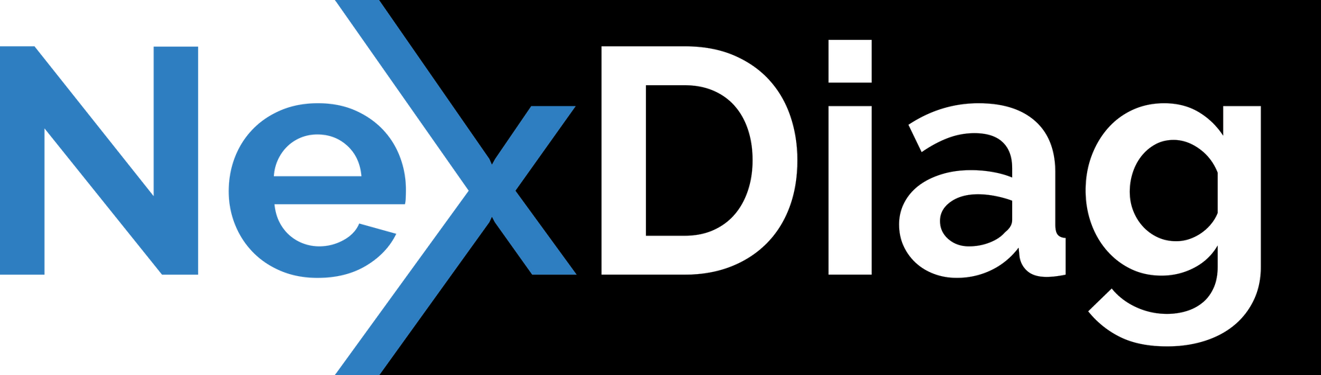 NexDiag logo with a blue and white angled graphic and white text on a black background.