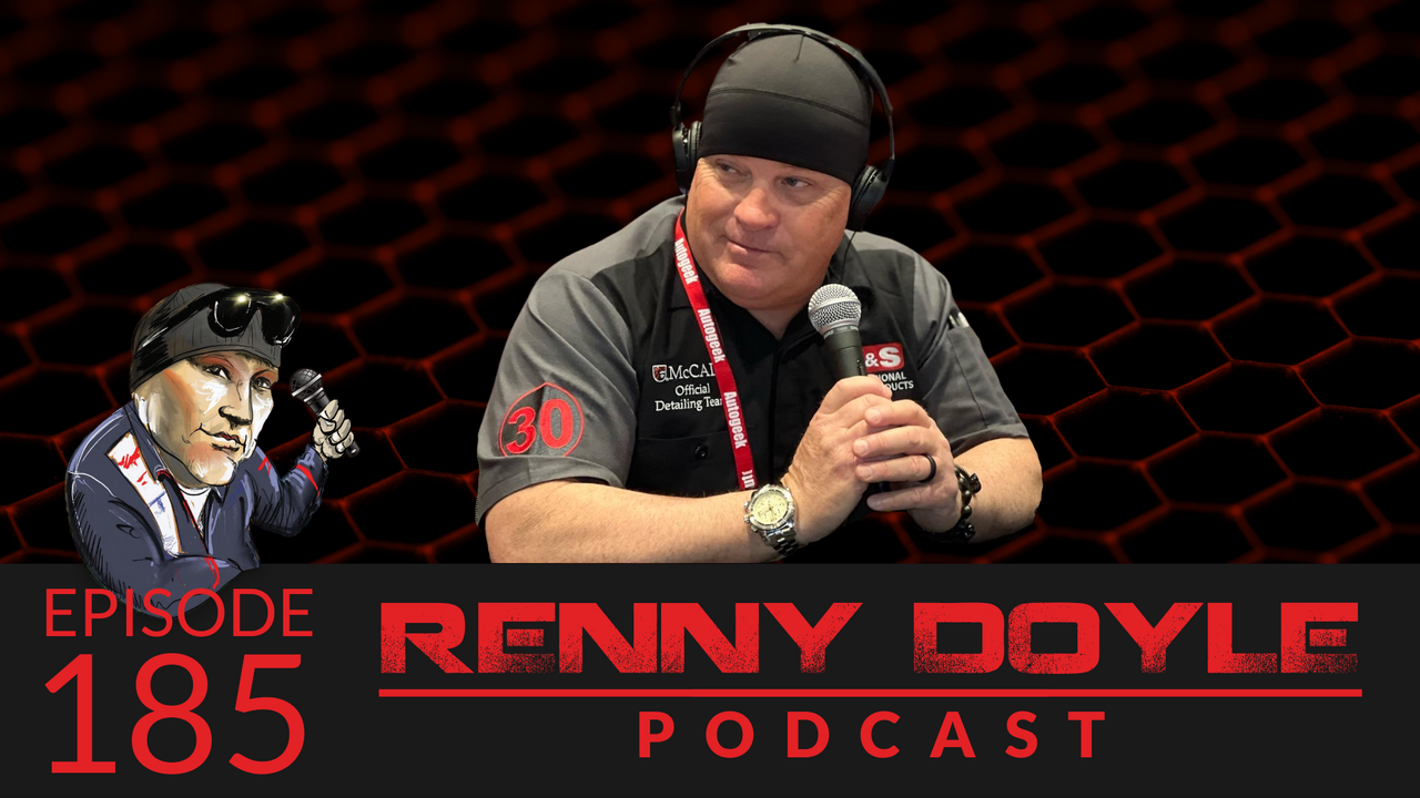 Renny Doyle at podcast recording, wearing a black beanie and headset, with cartoon version on left. Red background.