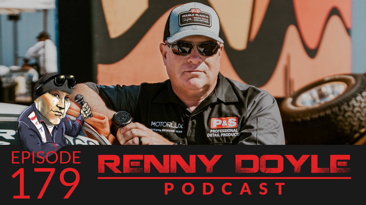Renny Doyle podcast episode 179. Man in hat and sunglasses, holding microphone.  Small cartoon figure on left.