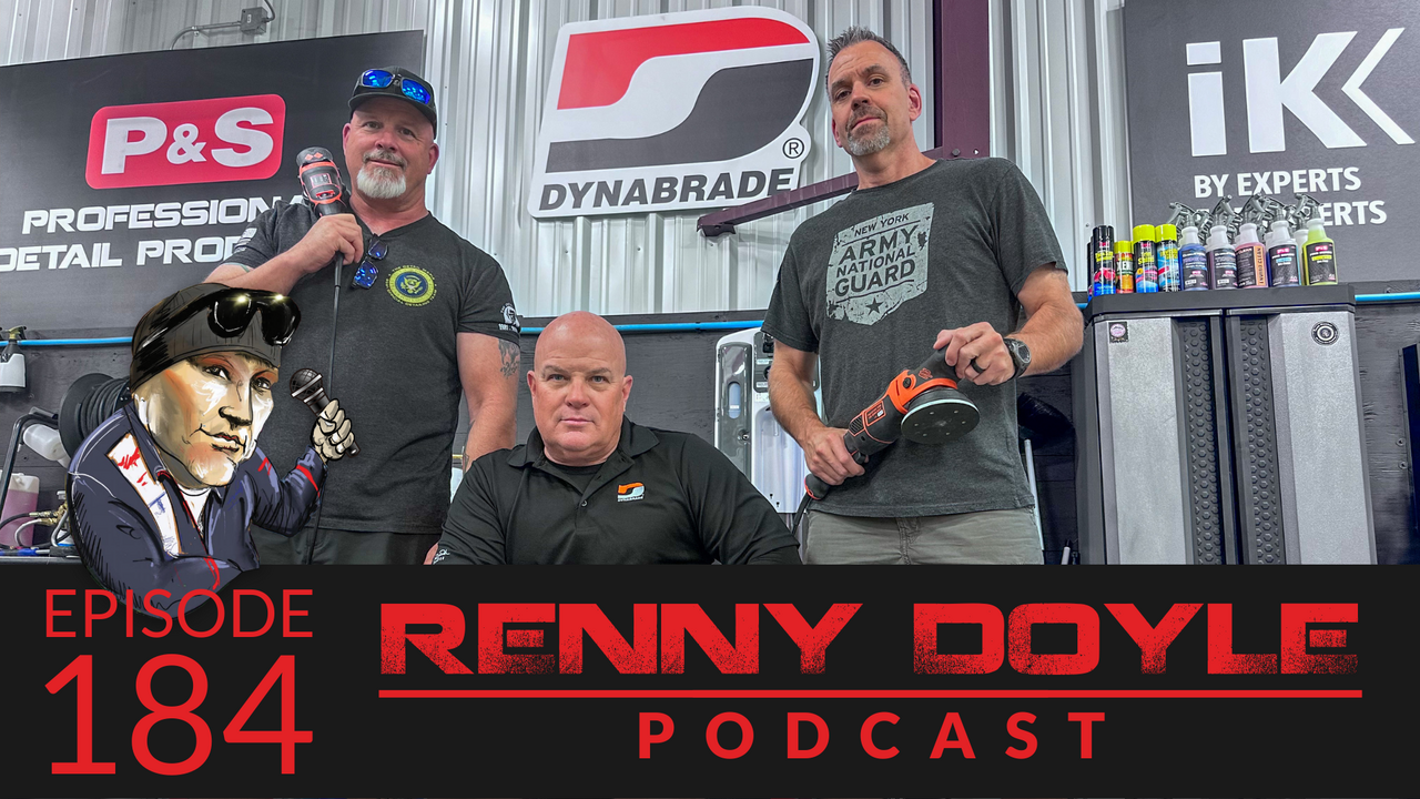 Renny Doyle Podcast episode 184: Three men with car detailing tools; a cartoon face overlaid at the bottom left corner.