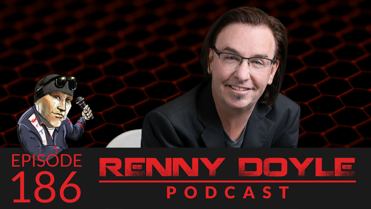 Podcast episode featuring Renny Doyle. Doyle smiles in front of a red honeycomb backdrop. Cartoon man in the corner.