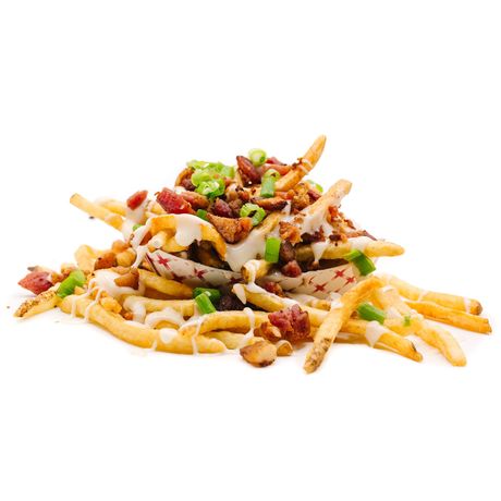 Fries piled high with cheese sauce, bacon bits, and chopped green onions.