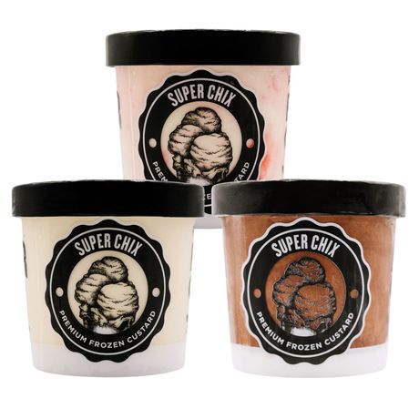 Three containers of Super Chix frozen custard in different flavors, each with a black lid and logo.