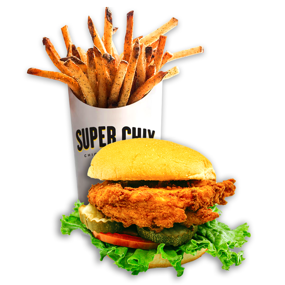 Fried chicken sandwich with fries, cup marked 