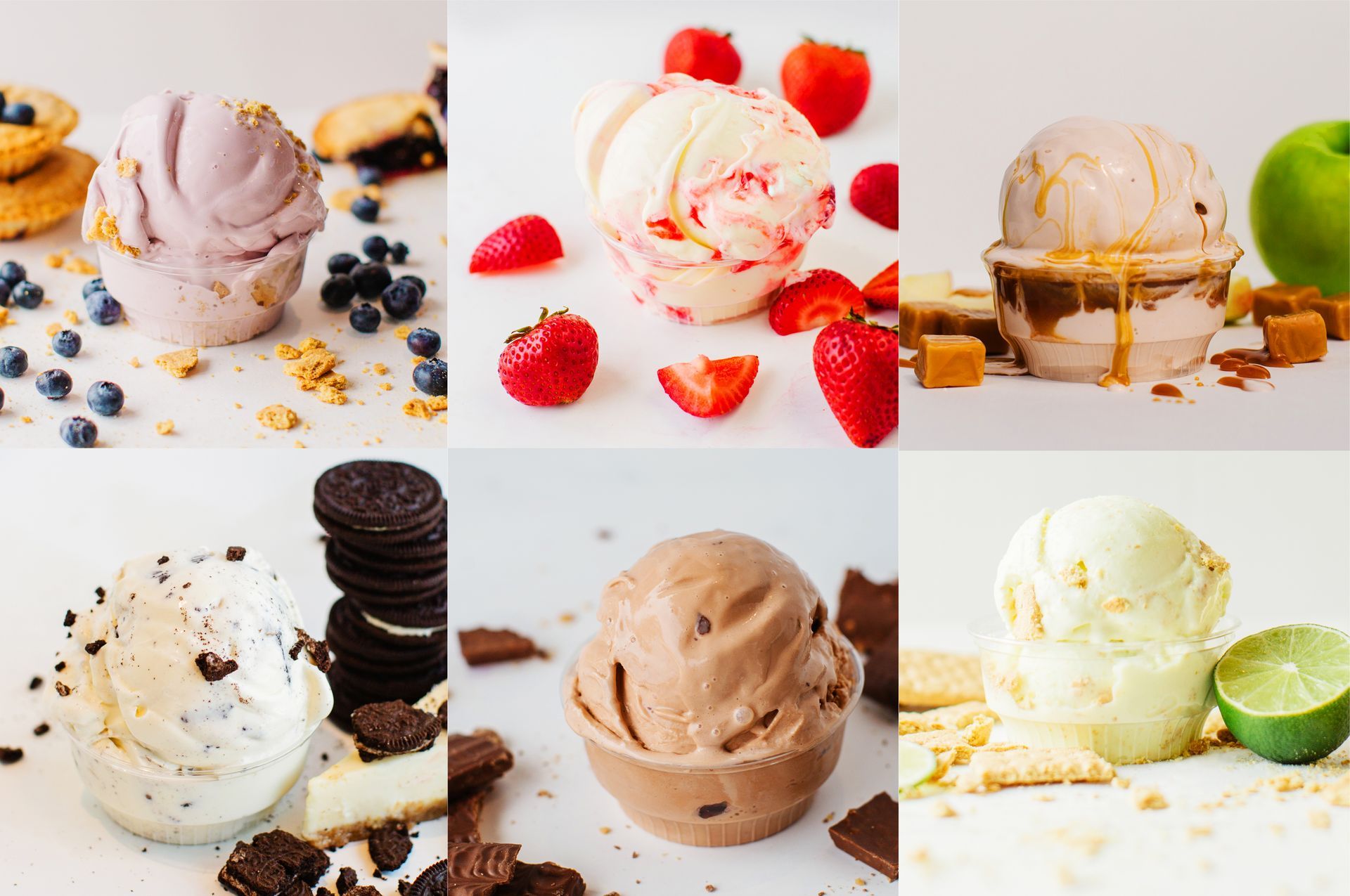Six ice cream scoops in cups, with various flavors and toppings.