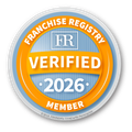 Franchise Registry Verified Member seal, blue, orange, white, with