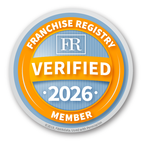 Franchise Registry Verified Member seal, blue, orange, white, with 