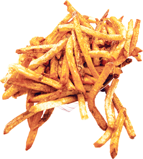 Pile of seasoned french fries, golden brown, with dark specks.
