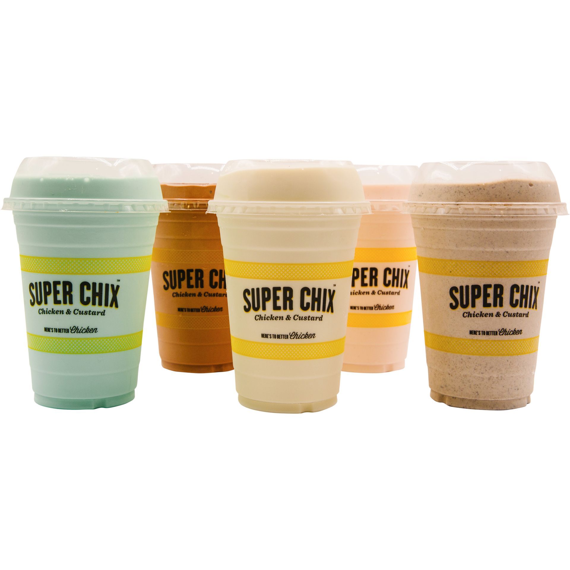 Five Super Chix protein shakes in various colors, with lids. Each cup has a yellow stripe.