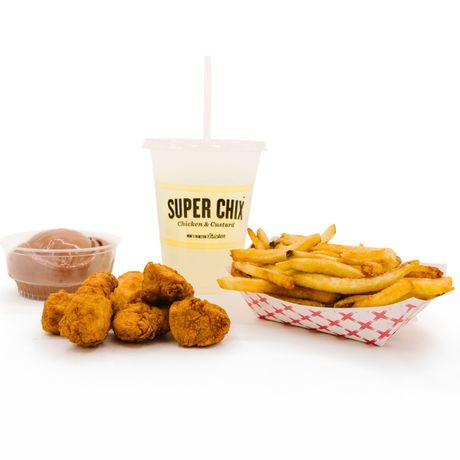 Super Chix combo: fried chicken tenders, fries, custard, drink.