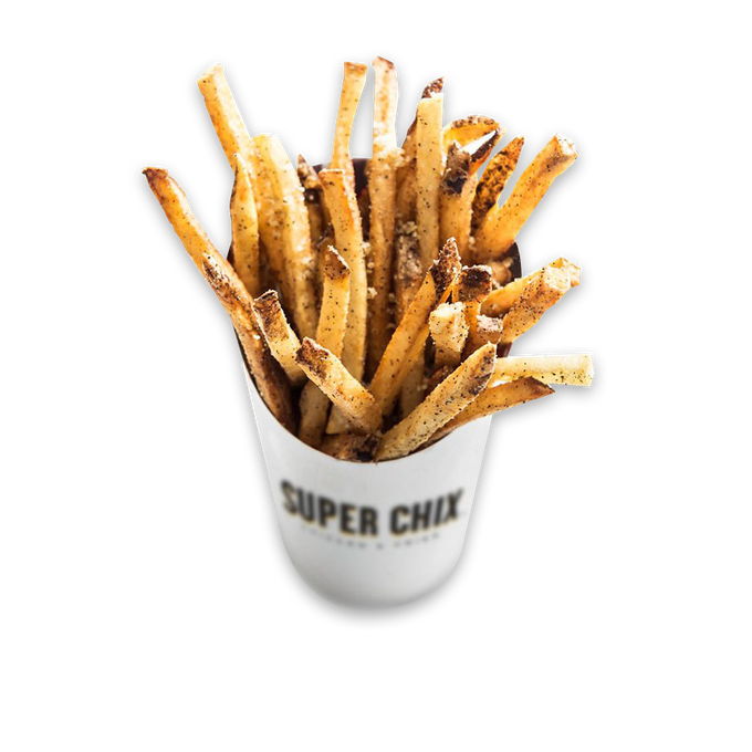 Fries in a white paper cup with 