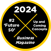 Black and yellow badge: 2024, #2 Future 50, Up and Coming Concepts, Business Magazine.