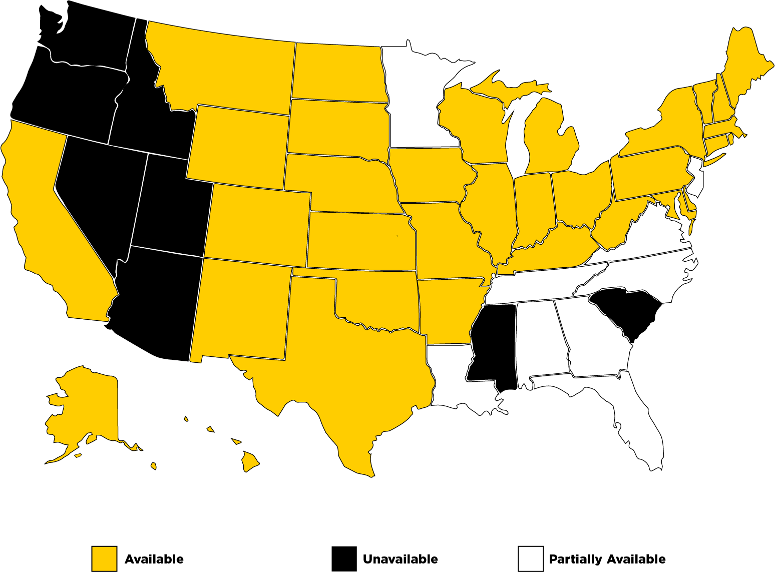 Map of the US showing availability status in yellow (available), black (unavailable), and partially available (white).