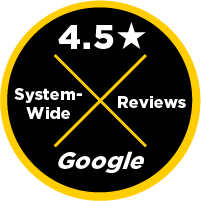 4.  5-star rating on Google Reviews, black circle with gold cross and border.