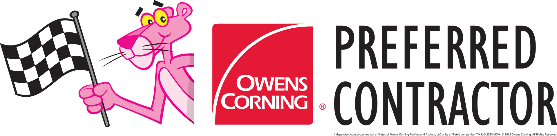 The Pink Panther holds a checkered flag next to the Owens Corning logo,