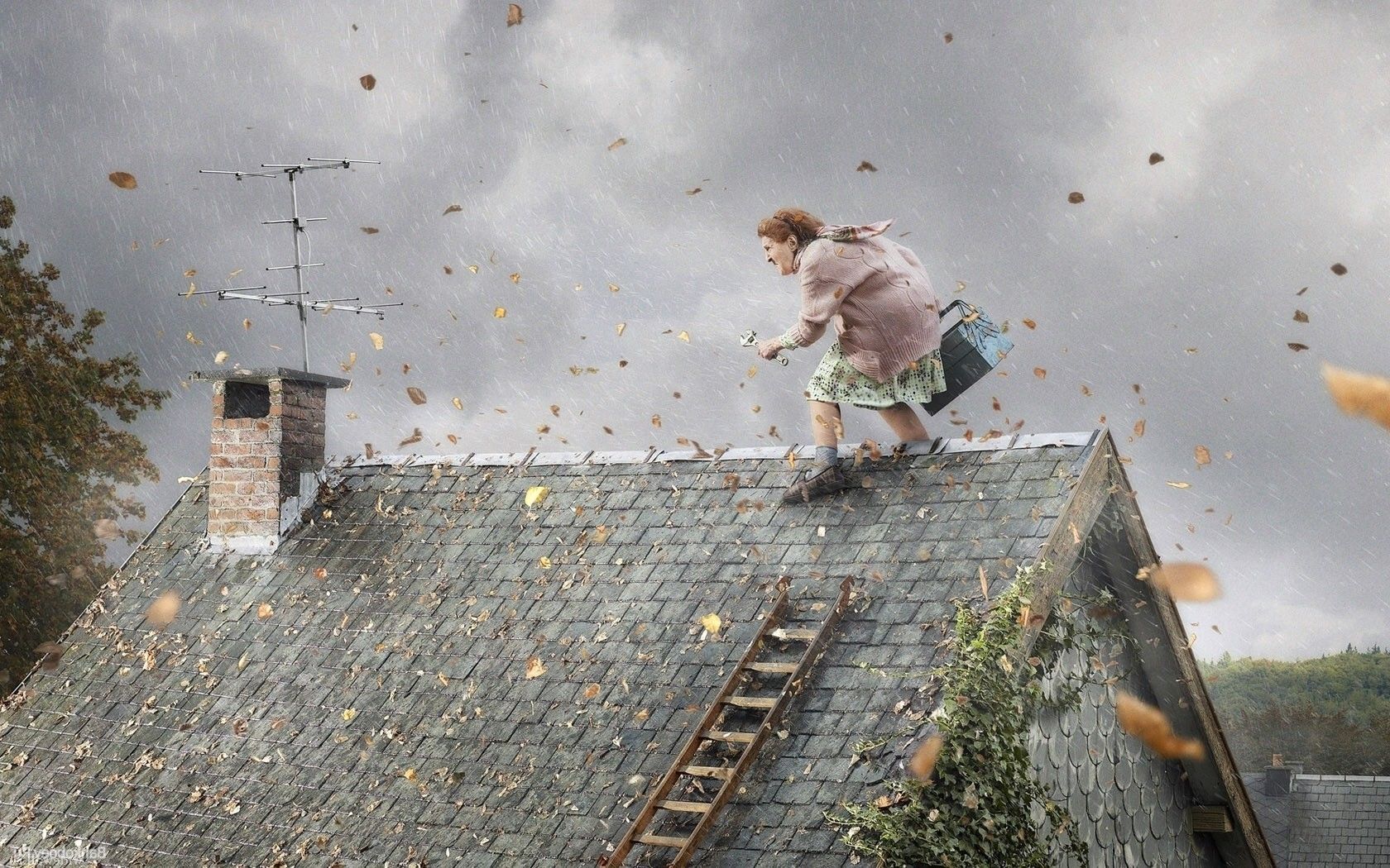 Woman on a rooftop in stormy weather, gathering leaves.  A ladder is visible.