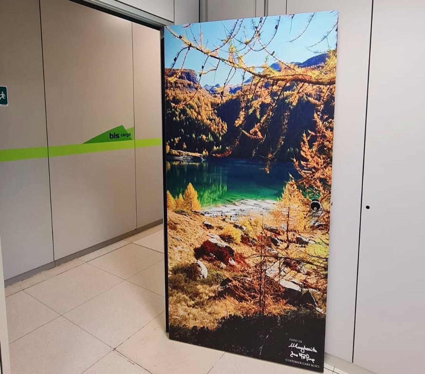 Un pannello espositivo verticale che raffigura una vivace scena autunnale di una foresta con un lago, collocato in un corridoio di un ufficio moderno.