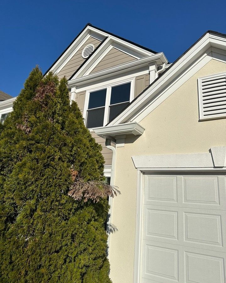 A house with a white garage door and a tree in front of it