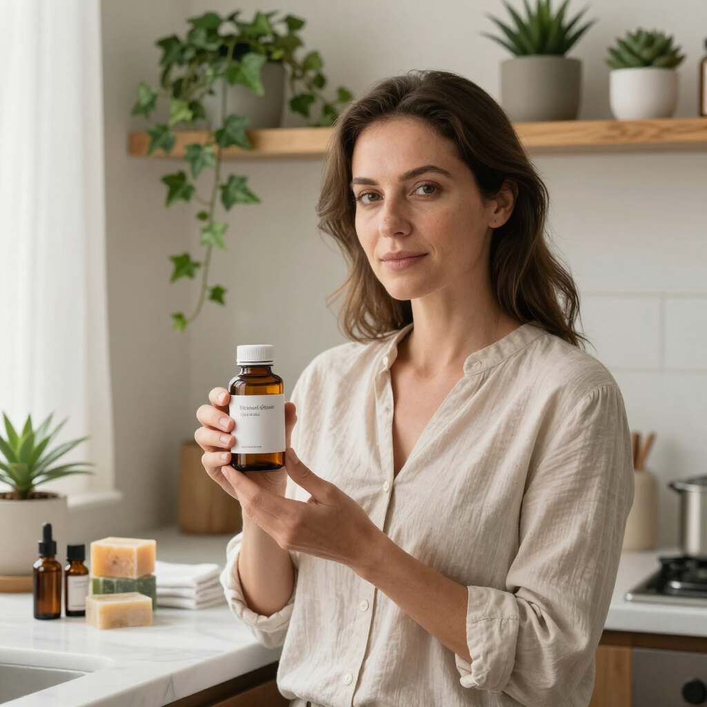 Woman holding a supplement bottle in a bright kitchen with potted plants on shelves