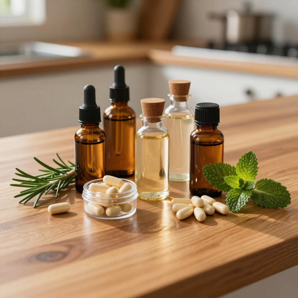 Essential oils and herbs on a wooden kitchen counter, with amber glass bottles and fresh mint.