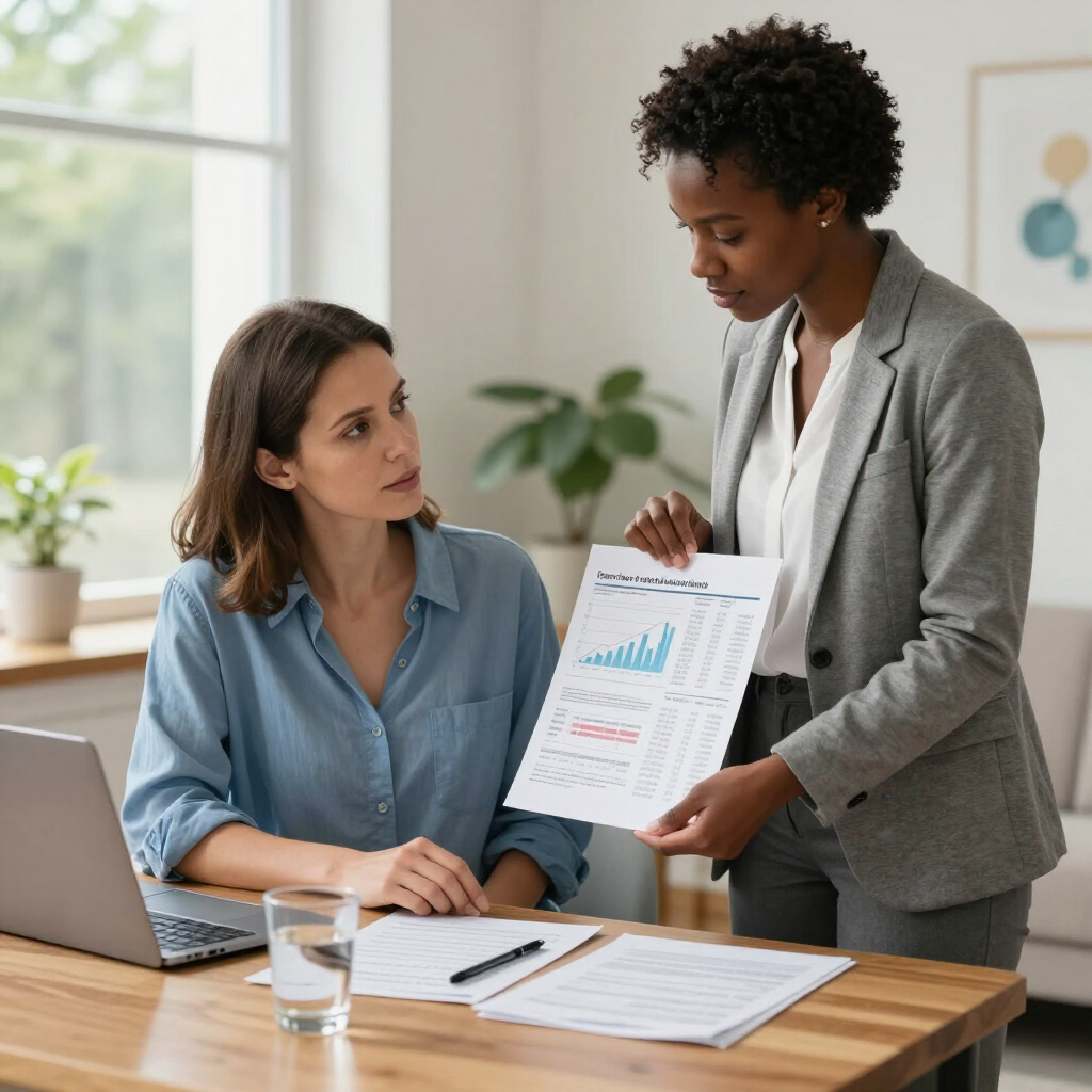 Two coworkers review a chart at a desk in a bright office, with a laptop, papers, and a water glass nearby.