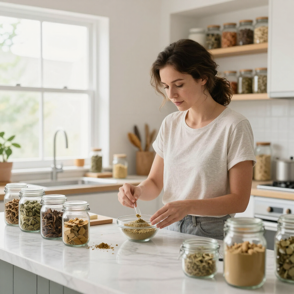 Woman preparing food in a bright kitchen with jars of grains and herbs on the counter