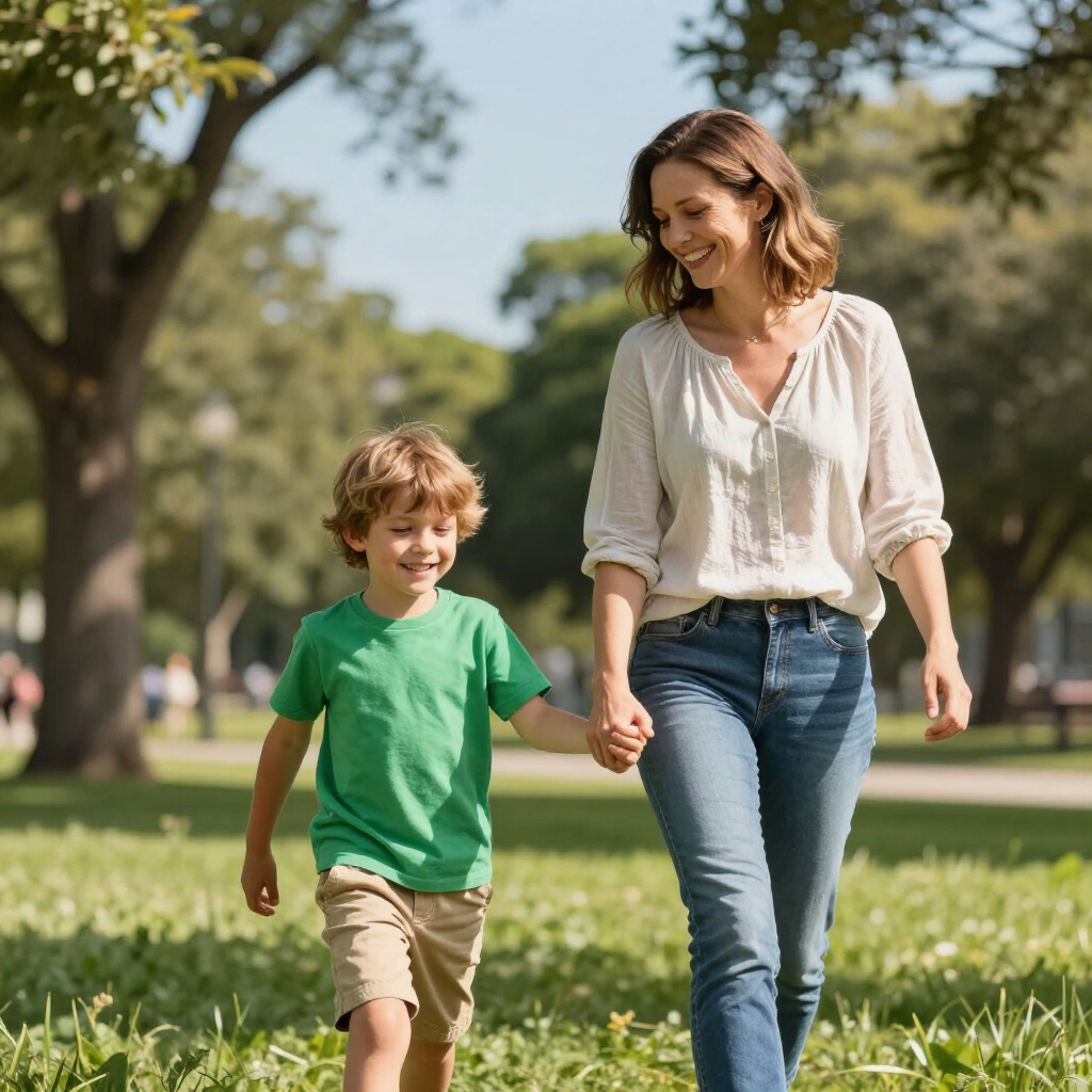 Woman and child walking hand in hand in a sunny park, both smiling and dressed casually.