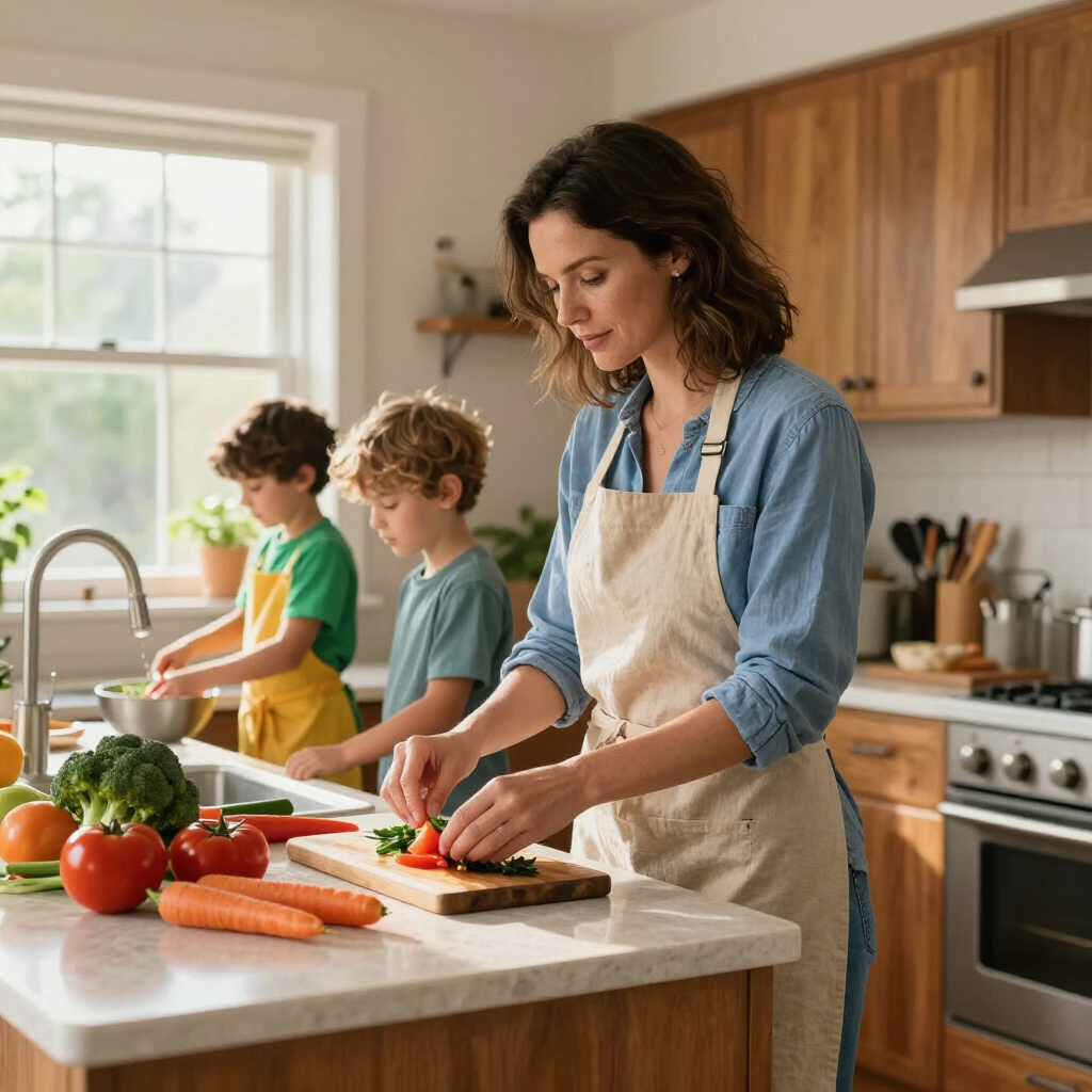 Parent and two children chopping vegetables together in a bright kitchen