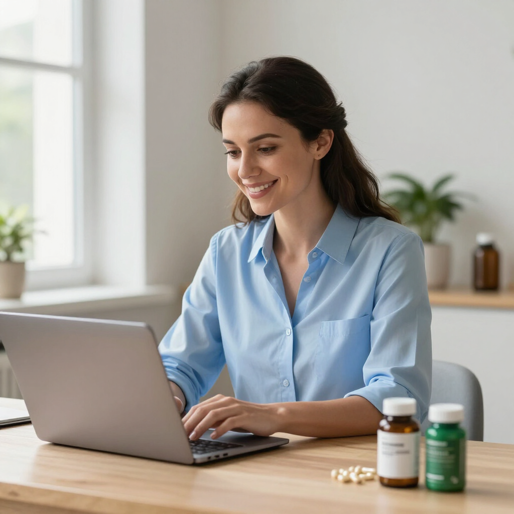 Woman smiling while typing on a laptop at a desk with medicine bottles nearby