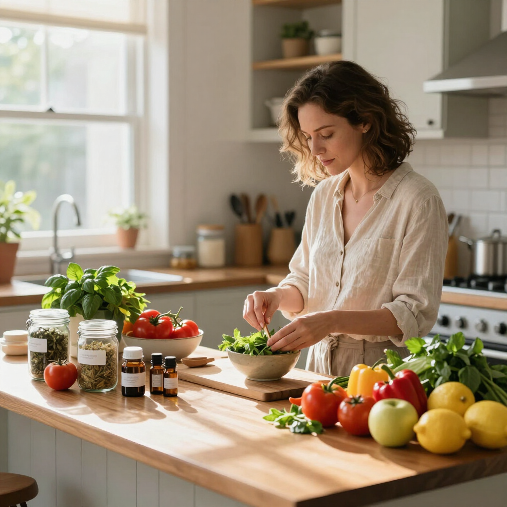 Person preparing fresh vegetables in a bright kitchen with jars and produce on the counter