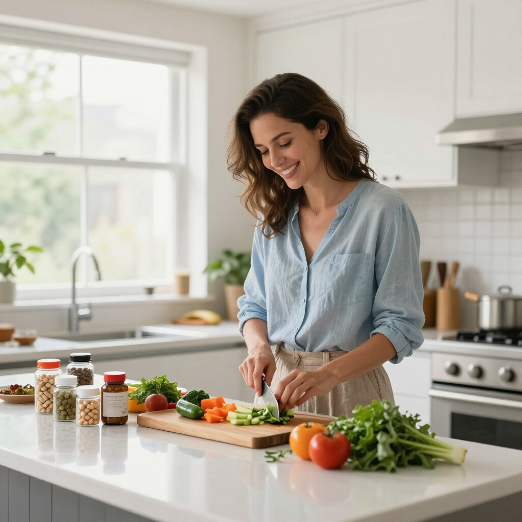 Person chopping vegetables at a bright kitchen counter with fresh produce and jars of ingredients.