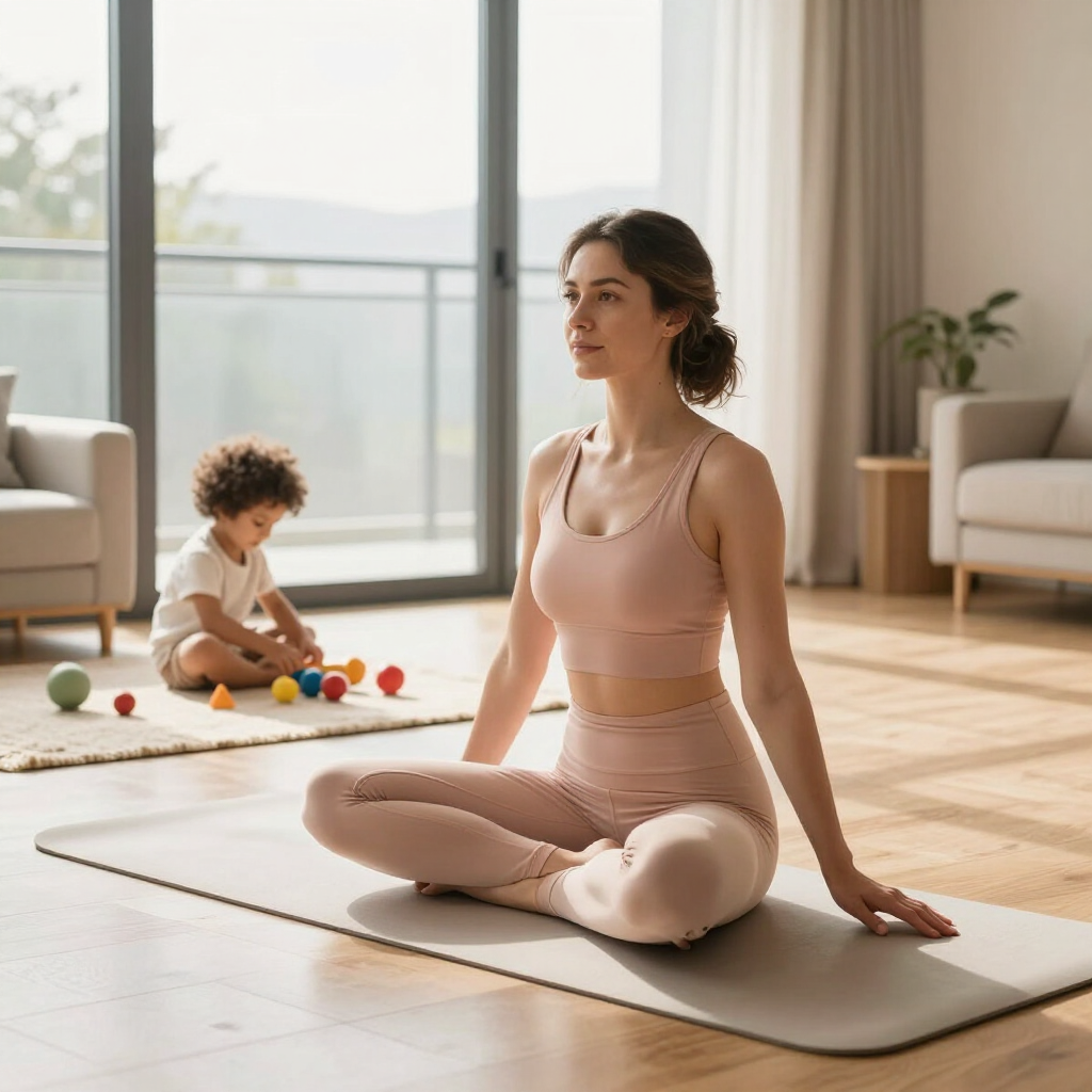 Woman in pink activewear sitting on a yoga mat in a bright living room, with a child playing nearby