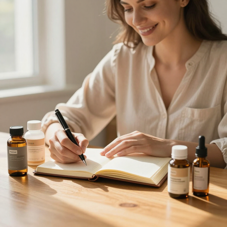 Woman writing in a notebook at a sunlit table with amber bottles and dropper vials.