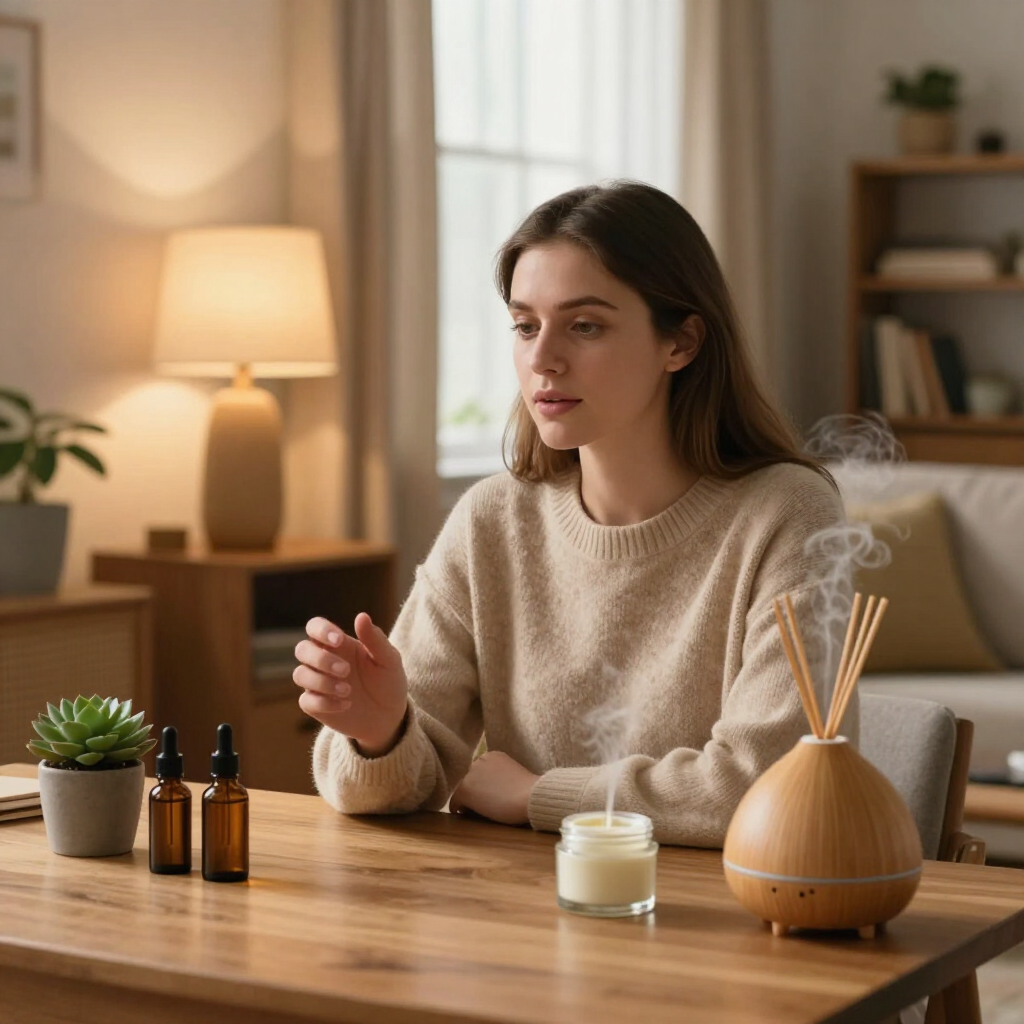 Woman in beige sweater at a wooden table with a diffuser, candle, and essential oils in a cozy room