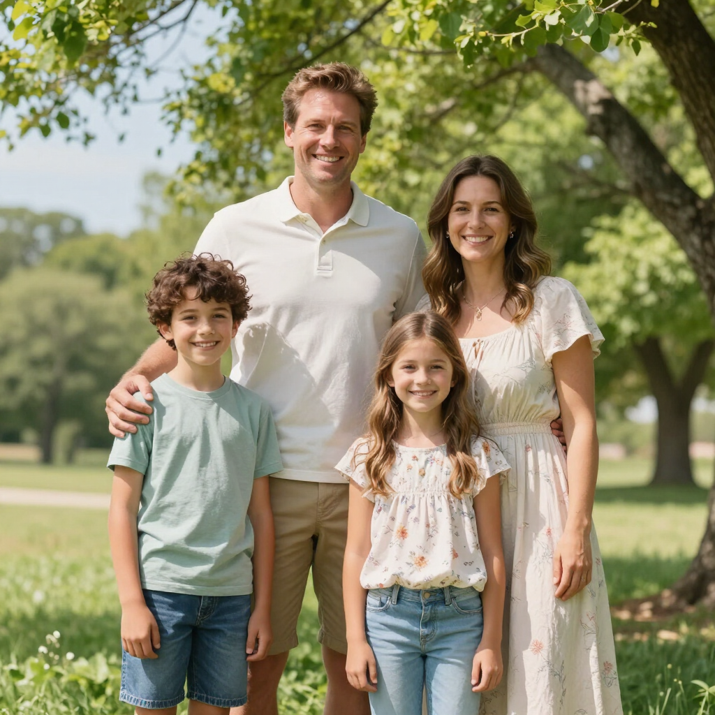 Family of four standing together in a sunny park, smiling under green trees.