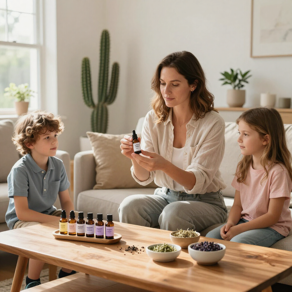 Two children and an adult testing essential oils at a wooden table in a bright living room
