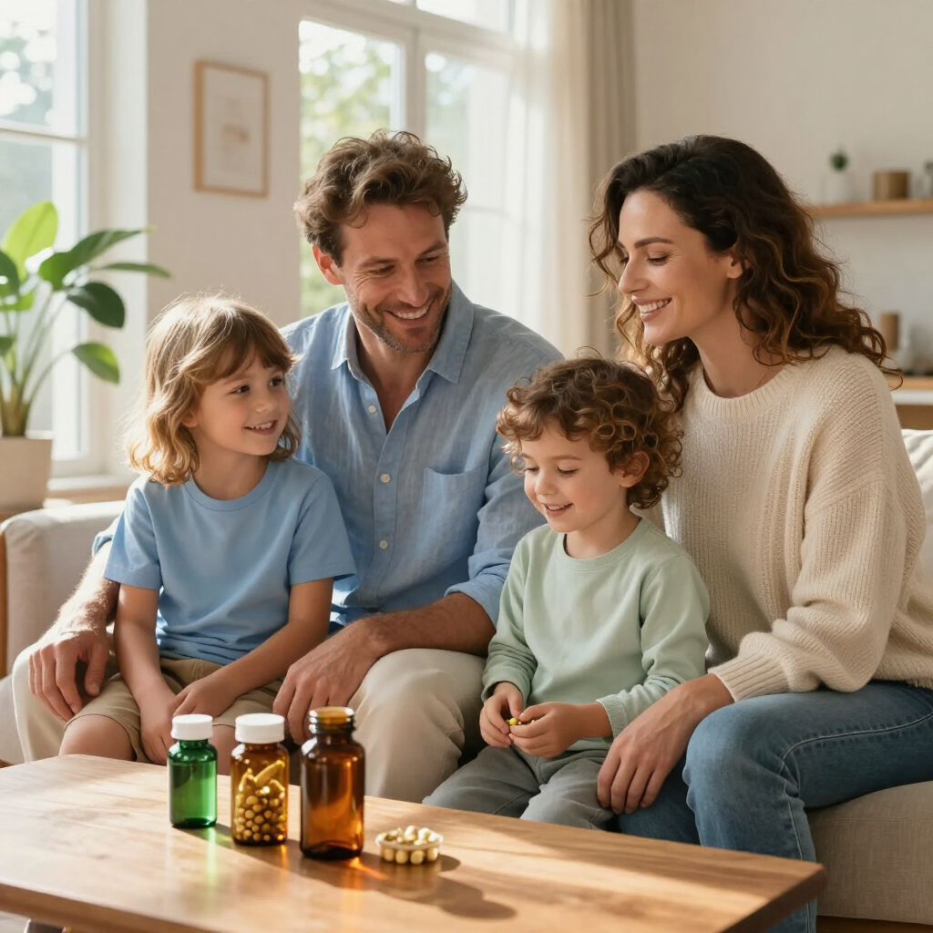 Family seated on a couch, smiling at amber and green supplement bottles on a coffee table