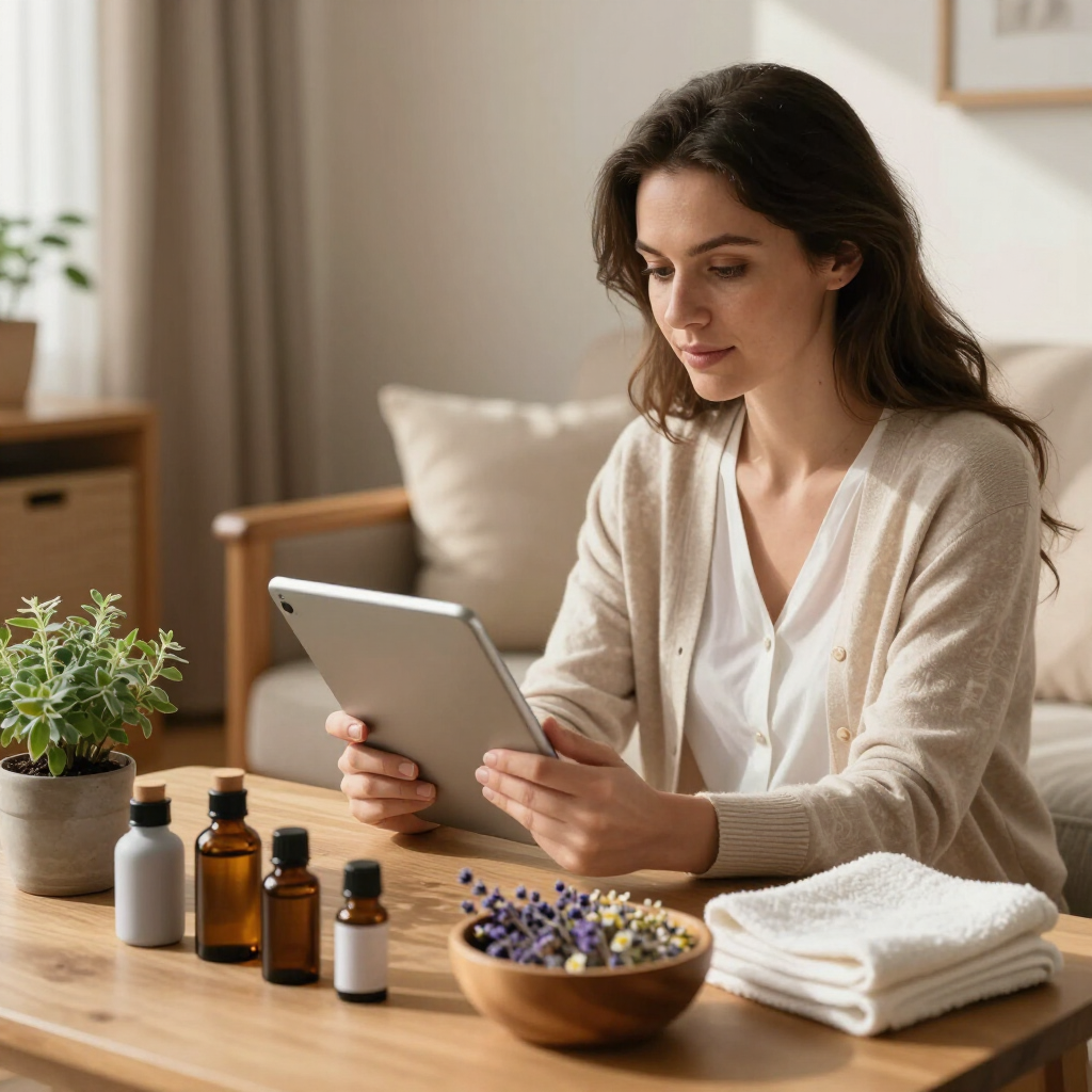 Woman seated on a couch using a tablet beside aromatherapy bottles and towels in a calm living room
