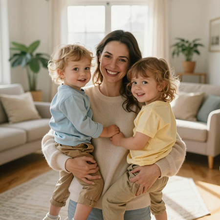 Woman holding two smiling toddlers in a bright living room