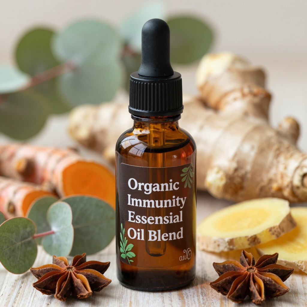 Amber dropper bottle labeled “Organic Immunity Essential Oil Blend” with ginger, citrus, and star anise ingredients