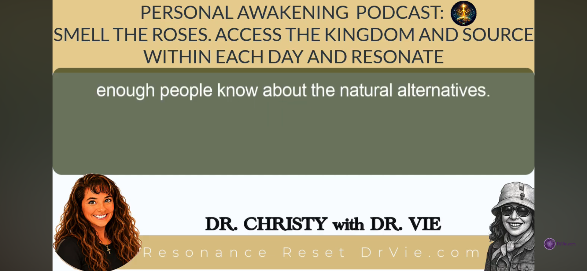 Podcast banner with headline text and host names on an olive and white background, with a woman and a hooded figure at the bottom.