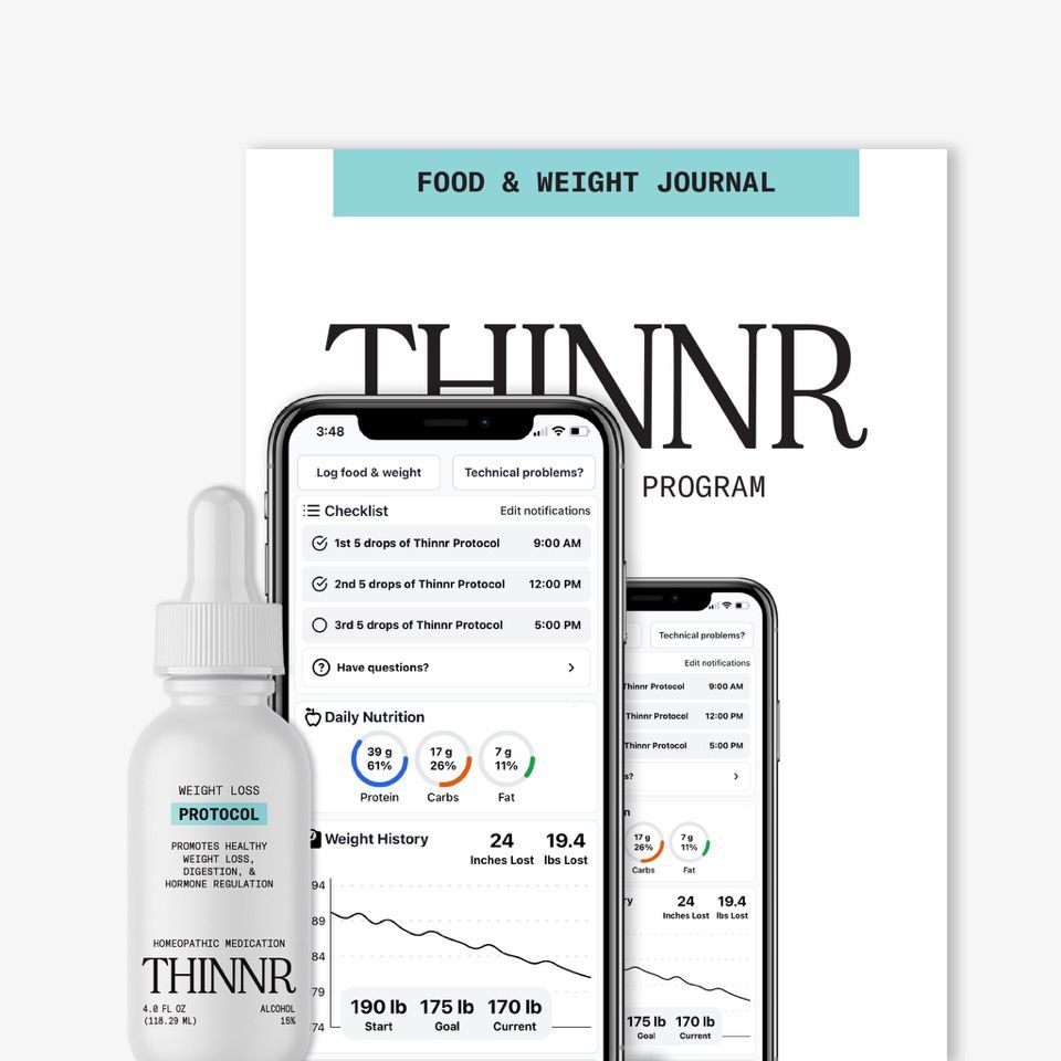 THINNR food and weight journal app kit with phone, notebook, and supplement bottle on white background