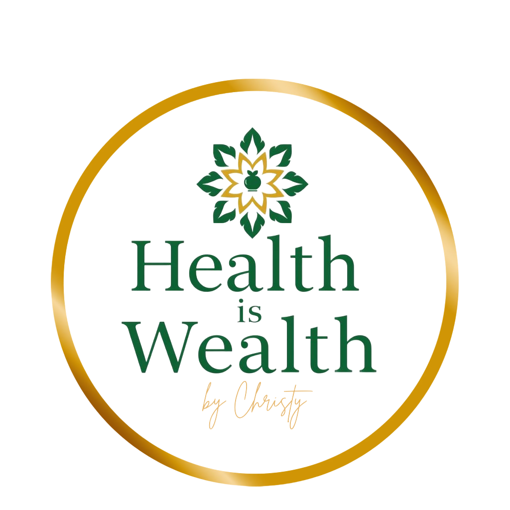 Gold circular logo with green floral emblem and text “Health is Wealth” on white background