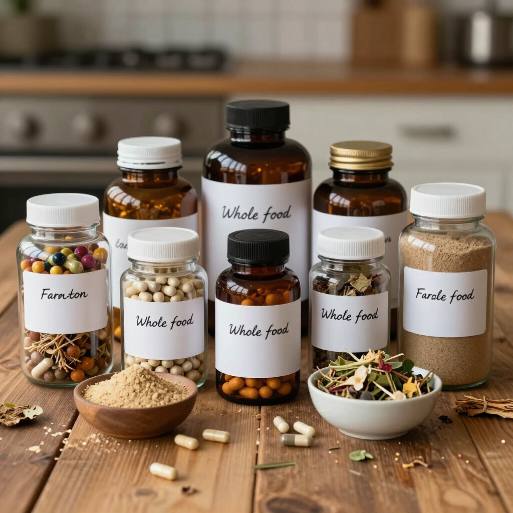 Assorted labeled jars of dried foods and grains on a kitchen countertop.
