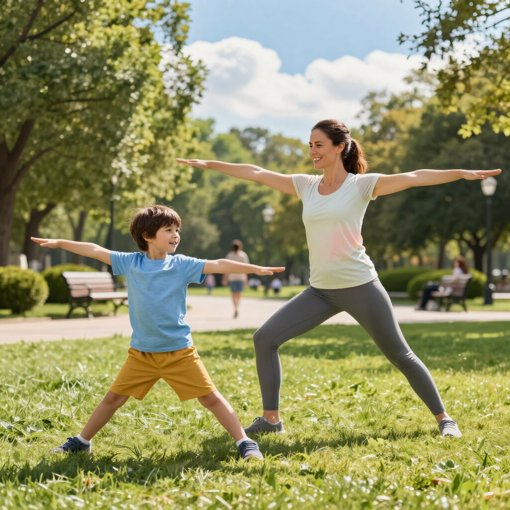 Woman and child doing yoga poses on grass in a sunny park