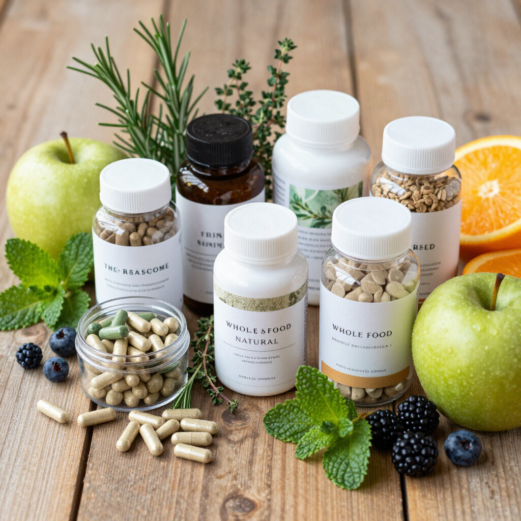 Assorted herbal supplement bottles, capsules, apples, and berries arranged on a wooden table